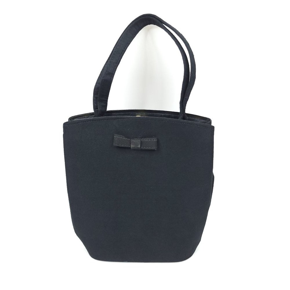 Vintage Black Fabric Handbag Purse Bow Side Pockets Retro Fashion Rockabilly